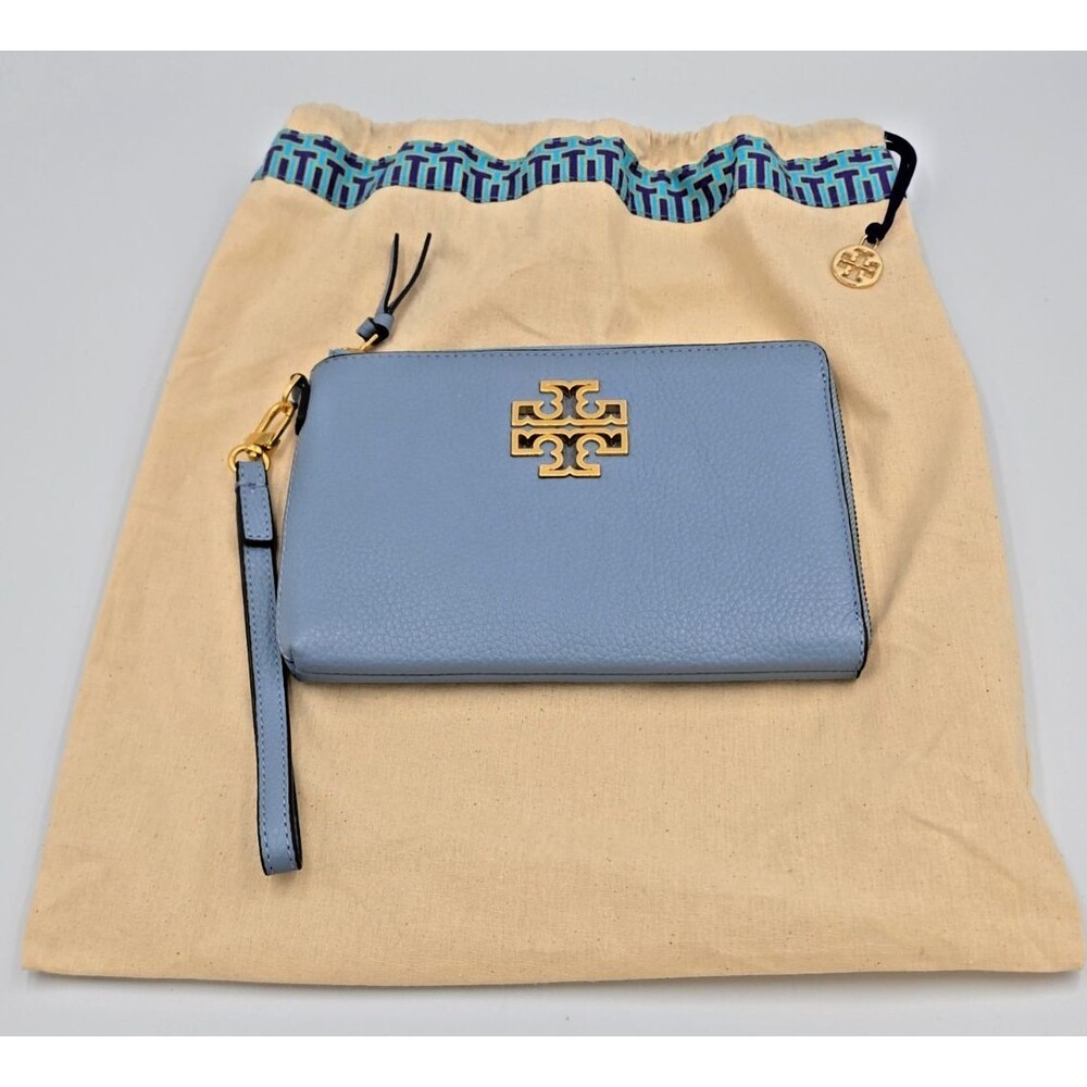 TORY BURCH BRITTEN SLIM Blue Pebbled Leather Wallet Wristlet Purse Quiet Luxury